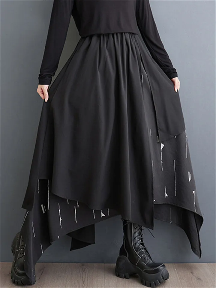 Punk Style Print Patchwork Irregular Hem Black Skirt