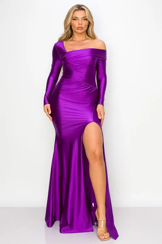 Purple One Off-Shoulder Long Sleeve Slit Maxi Dress