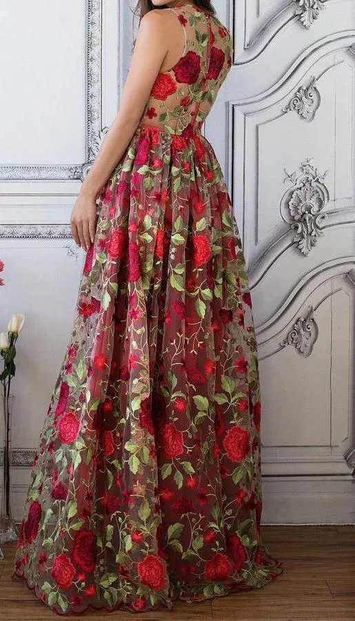 Red Floral Embroidery See Through Long Elegant Formal Prom Dresses PFP0747
