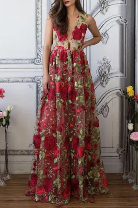 Red Floral Embroidery See Through Long Elegant Formal Prom Dresses PFP0747