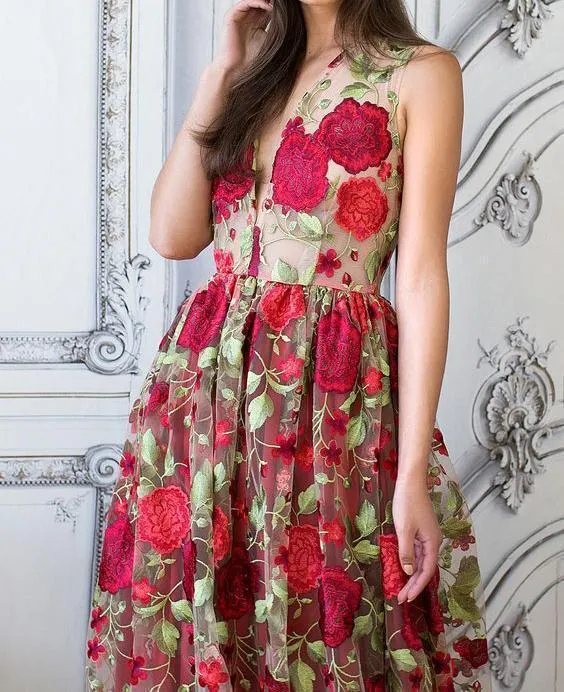 Red Floral Embroidery See Through Long Elegant Formal Prom Dresses PFP0747