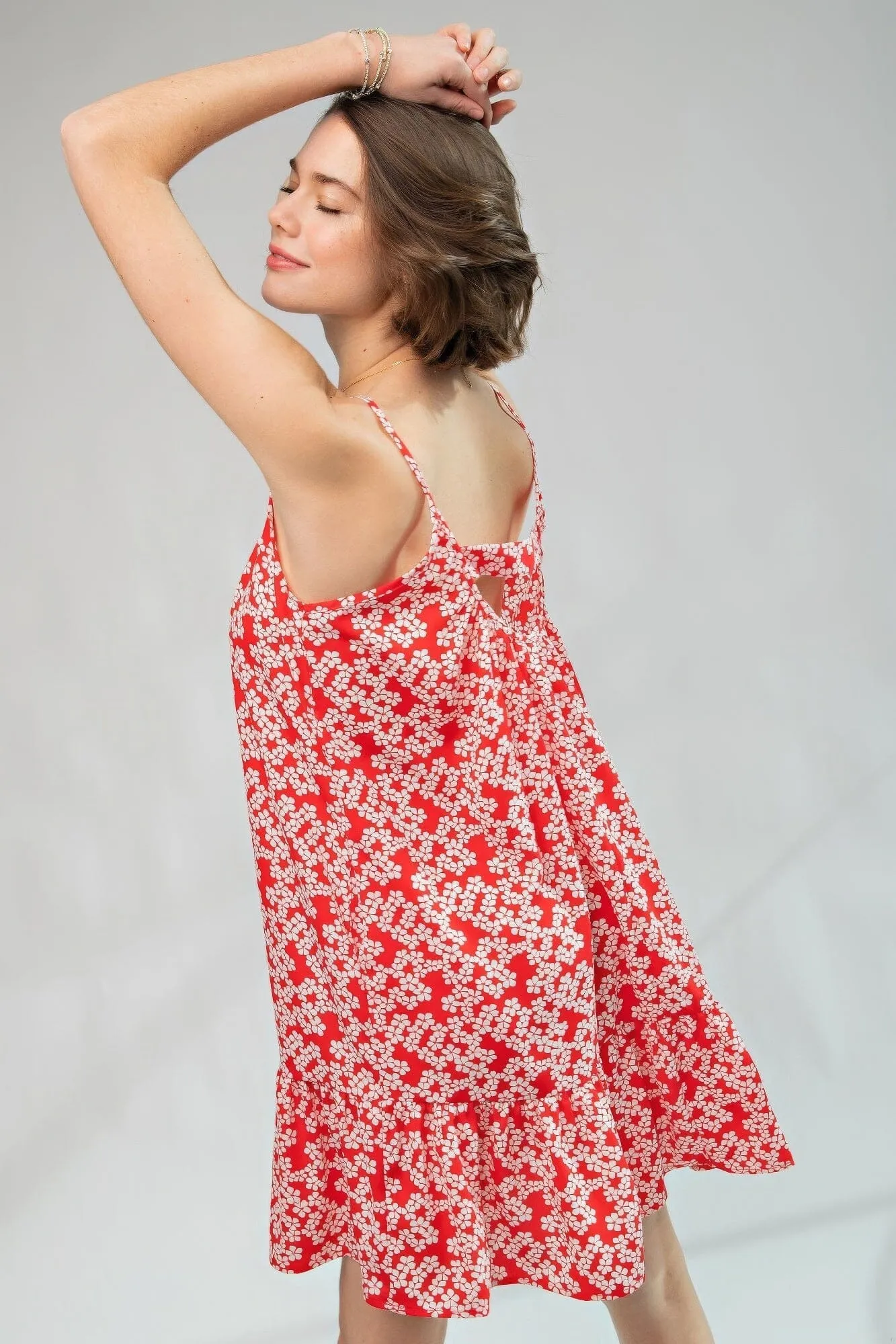 Red Floral Wool Peach Scoop Neck Ruffle Bottom Spaghetti Straps Cami Dress