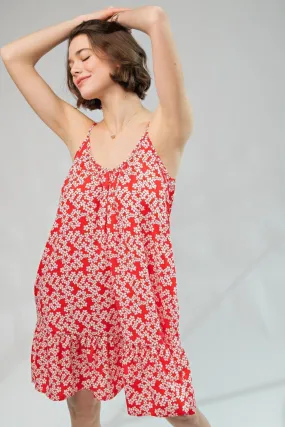 Red Floral Wool Peach Scoop Neck Ruffle Bottom Spaghetti Straps Cami Dress