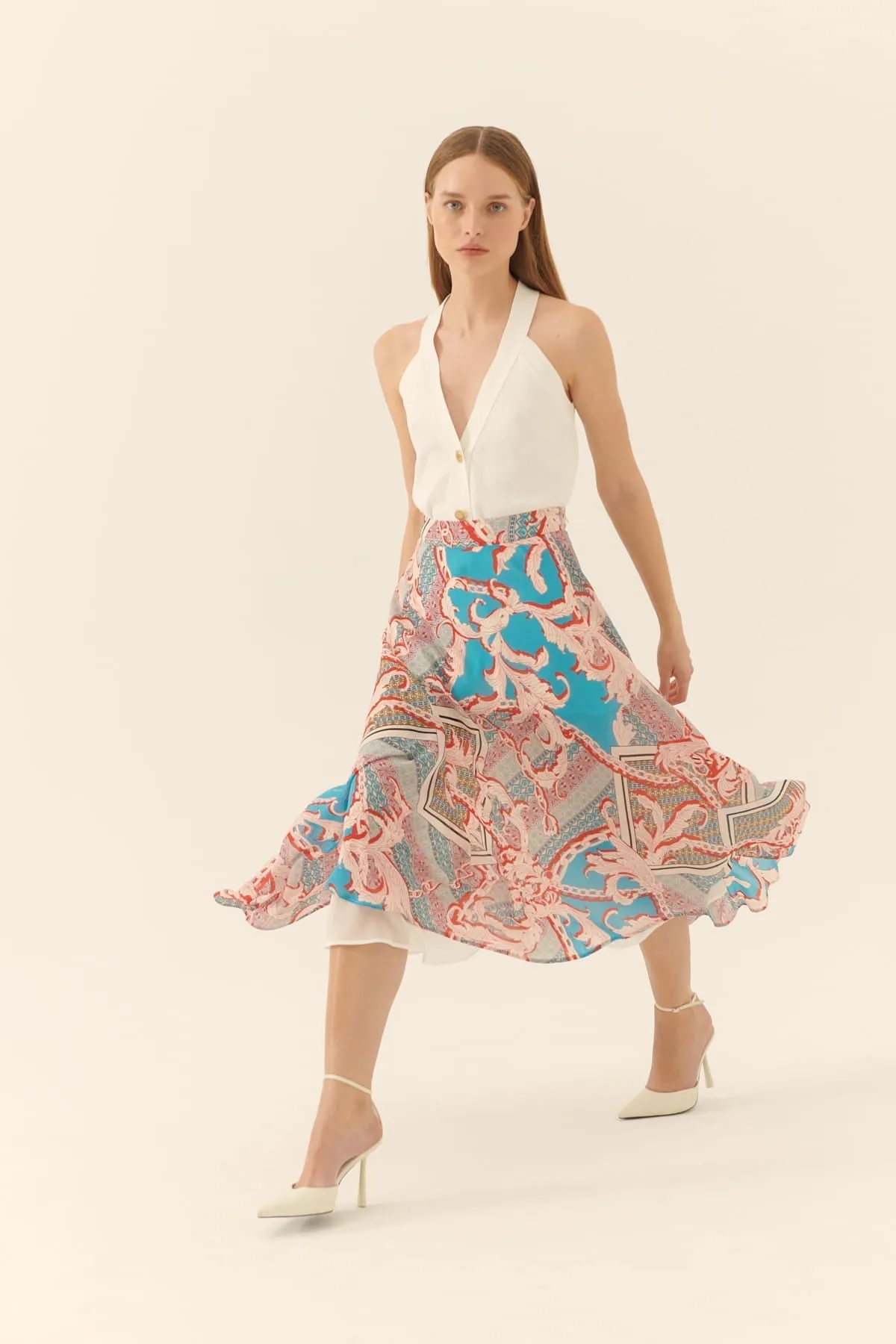 Roman Shawl Patterned Midi Skirt Multi Color