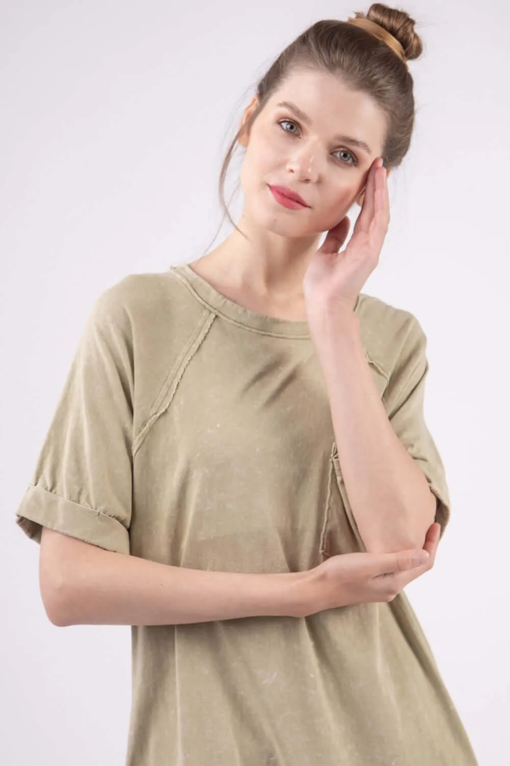 Sage Washed Round Neck Mini Tee Dress