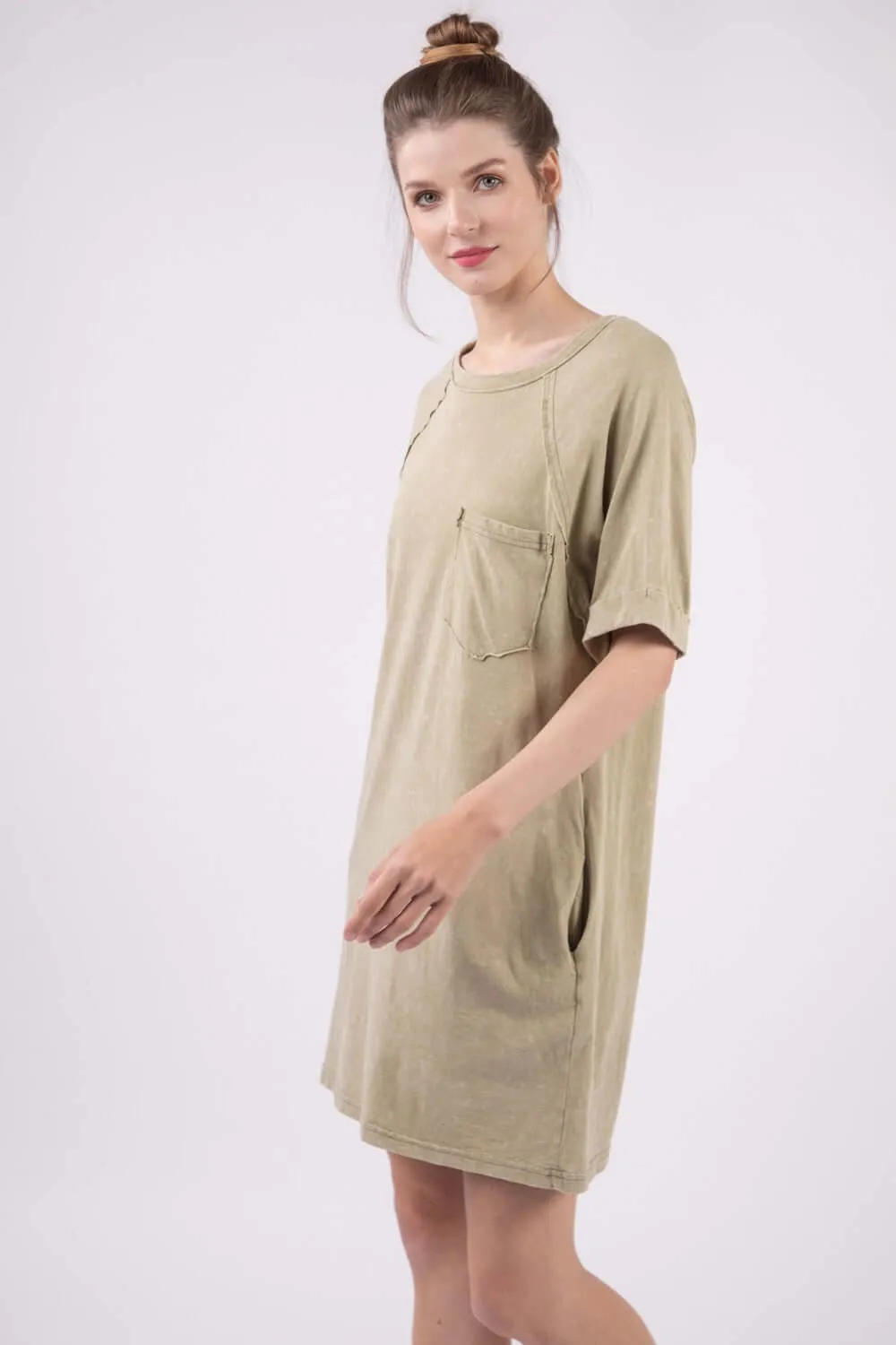 Sage Washed Round Neck Mini Tee Dress