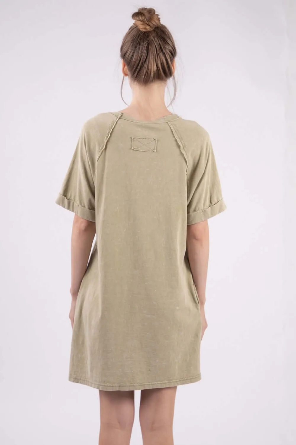 Sage Washed Round Neck Mini Tee Dress