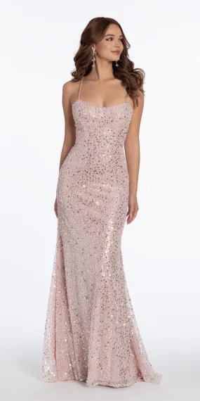 Sequin Scoop Lace Up Back Trumpet Dress with Pearl Accents