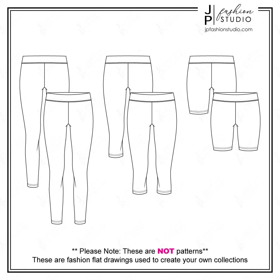 Set of Women's Leggings Fashion Flat sketches (3 styles) / Technical Drawings for Adobe Illustrator