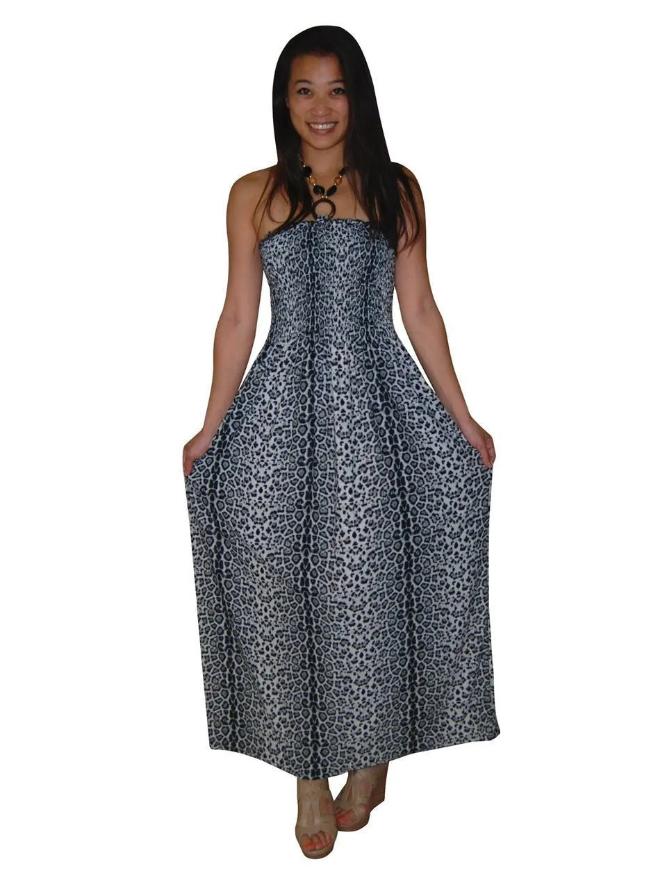 Silky Strapless Dress Cheetah Leopard Print Black Gray Ivory White
