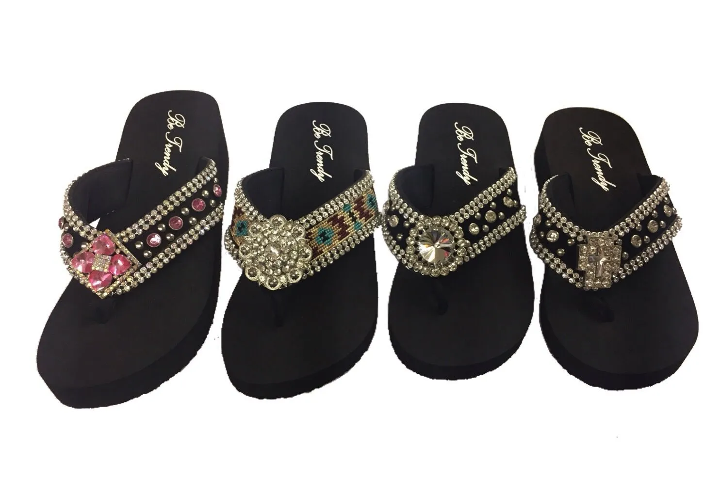 Slip-On Thong Sandals with Stone Embellishments