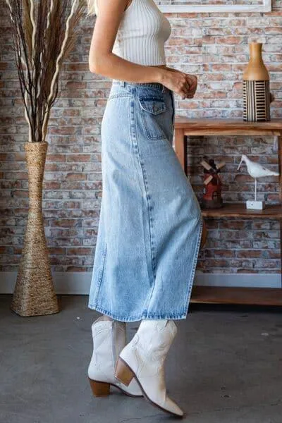 VEVERET Slit Mid Rise Waist Denim Skirt