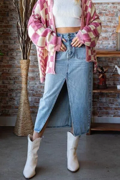 VEVERET Slit Mid Rise Waist Denim Skirt