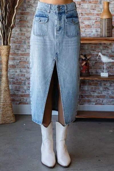 VEVERET Slit Mid Rise Waist Denim Skirt