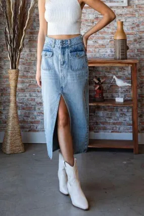 VEVERET Slit Mid Rise Waist Denim Skirt