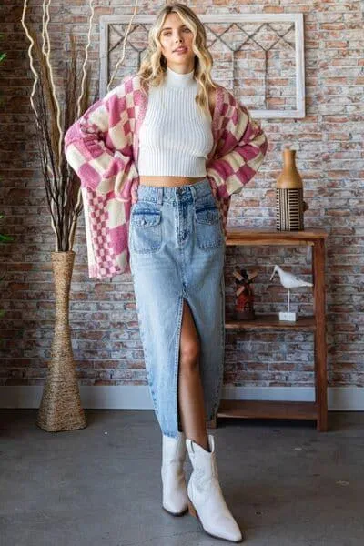 VEVERET Slit Mid Rise Waist Denim Skirt