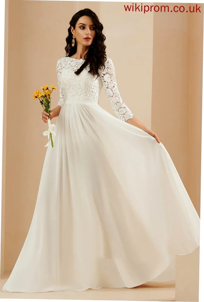 Wedding Dresses With Lace Sweep Chiffon A-Line Wedding Scoop Dress Neck Genesis Train