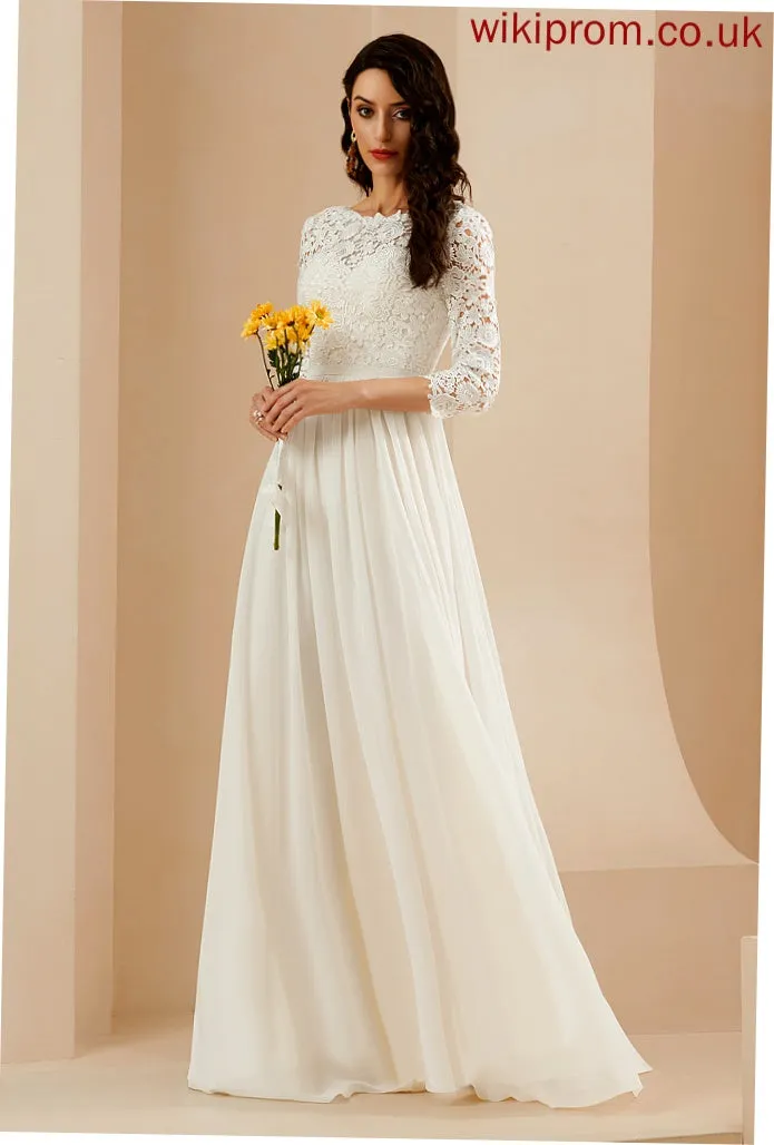 Wedding Dresses With Lace Sweep Chiffon A-Line Wedding Scoop Dress Neck Genesis Train