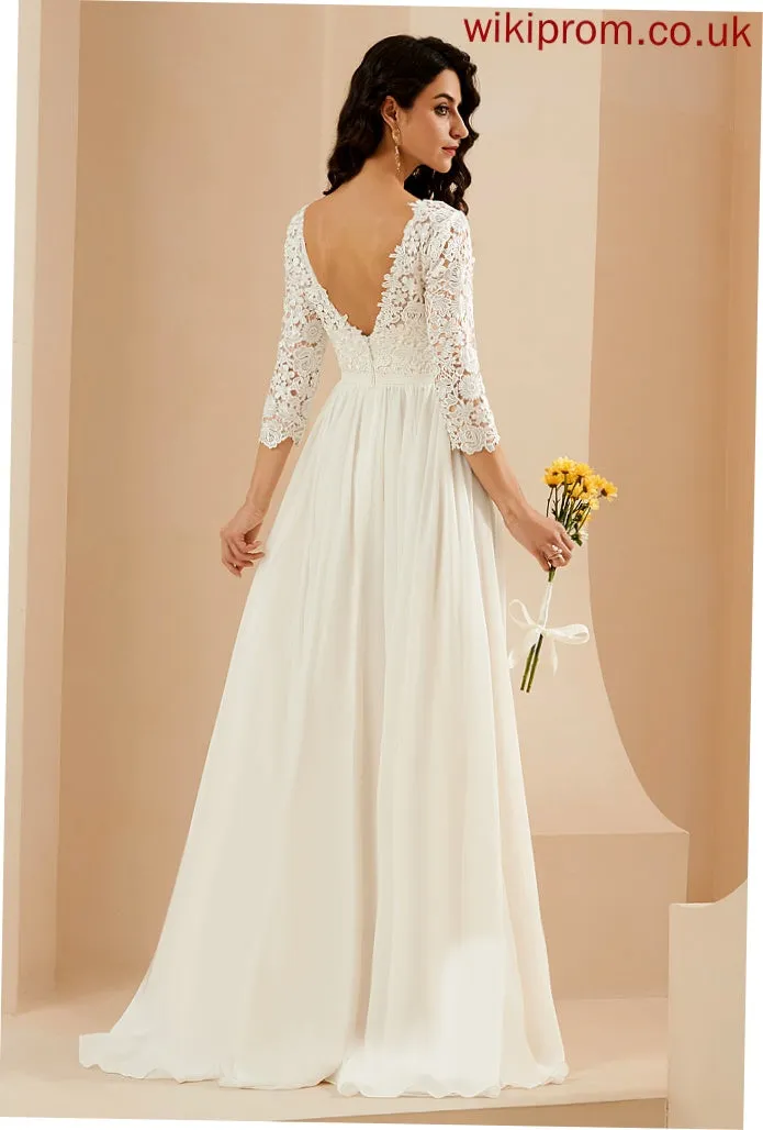 Wedding Dresses With Lace Sweep Chiffon A-Line Wedding Scoop Dress Neck Genesis Train