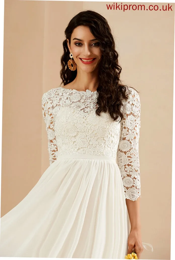 Wedding Dresses With Lace Sweep Chiffon A-Line Wedding Scoop Dress Neck Genesis Train