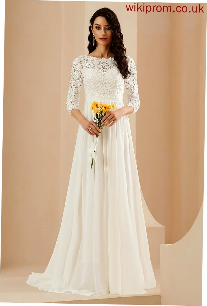 Wedding Dresses With Lace Sweep Chiffon A-Line Wedding Scoop Dress Neck Genesis Train