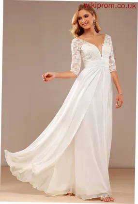 Wedding Floor-Length V-neck Wedding Dresses Chiffon Lace With Lace Sequins A-Line Dress Carmen Ruffle