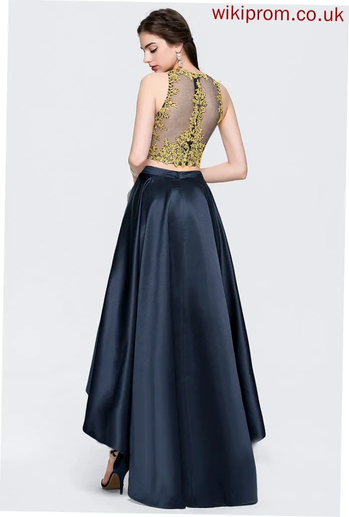 With Beading Satin Prom Dresses Sequins Asymmetrical Jayden Scoop A-Line
