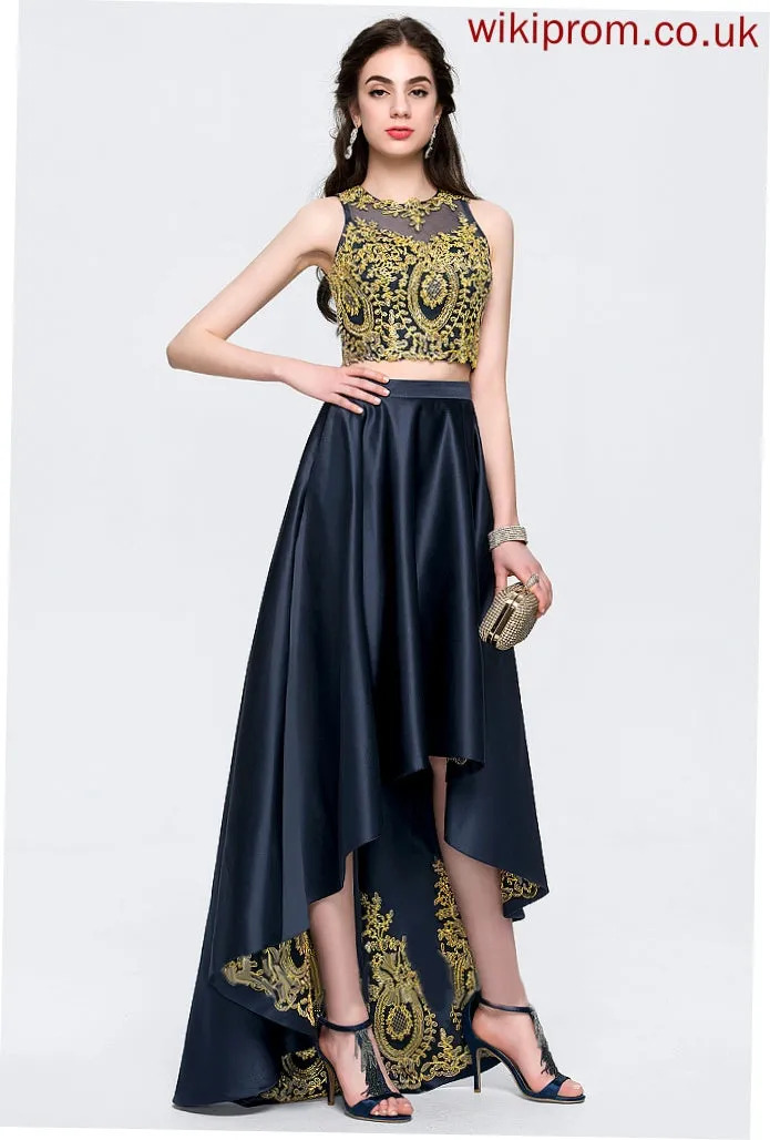 With Beading Satin Prom Dresses Sequins Asymmetrical Jayden Scoop A-Line
