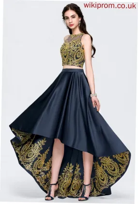 With Beading Satin Prom Dresses Sequins Asymmetrical Jayden Scoop A-Line