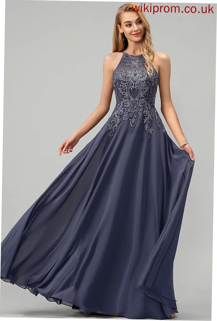 With Sequins Nylah A-Line Floor-Length Chiffon Scoop Prom Dresses