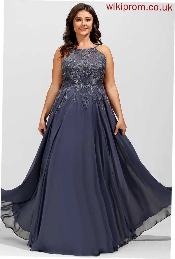 With Sequins Nylah A-Line Floor-Length Chiffon Scoop Prom Dresses