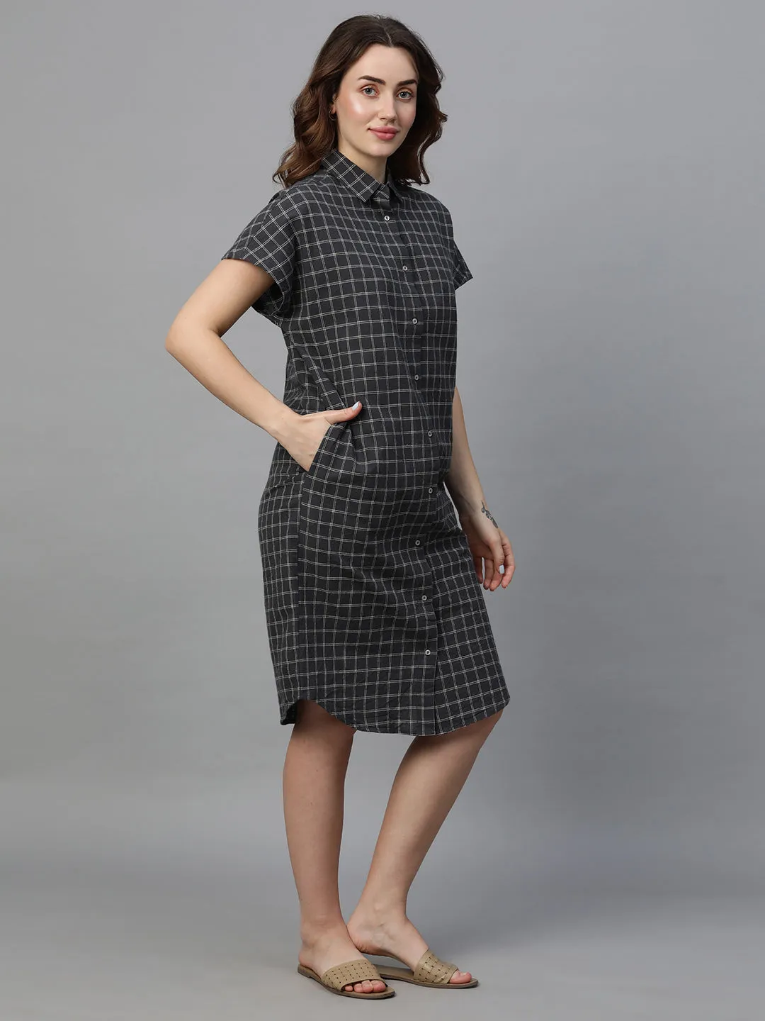 Women's Black Cotton Linen Boxy Fit Dress