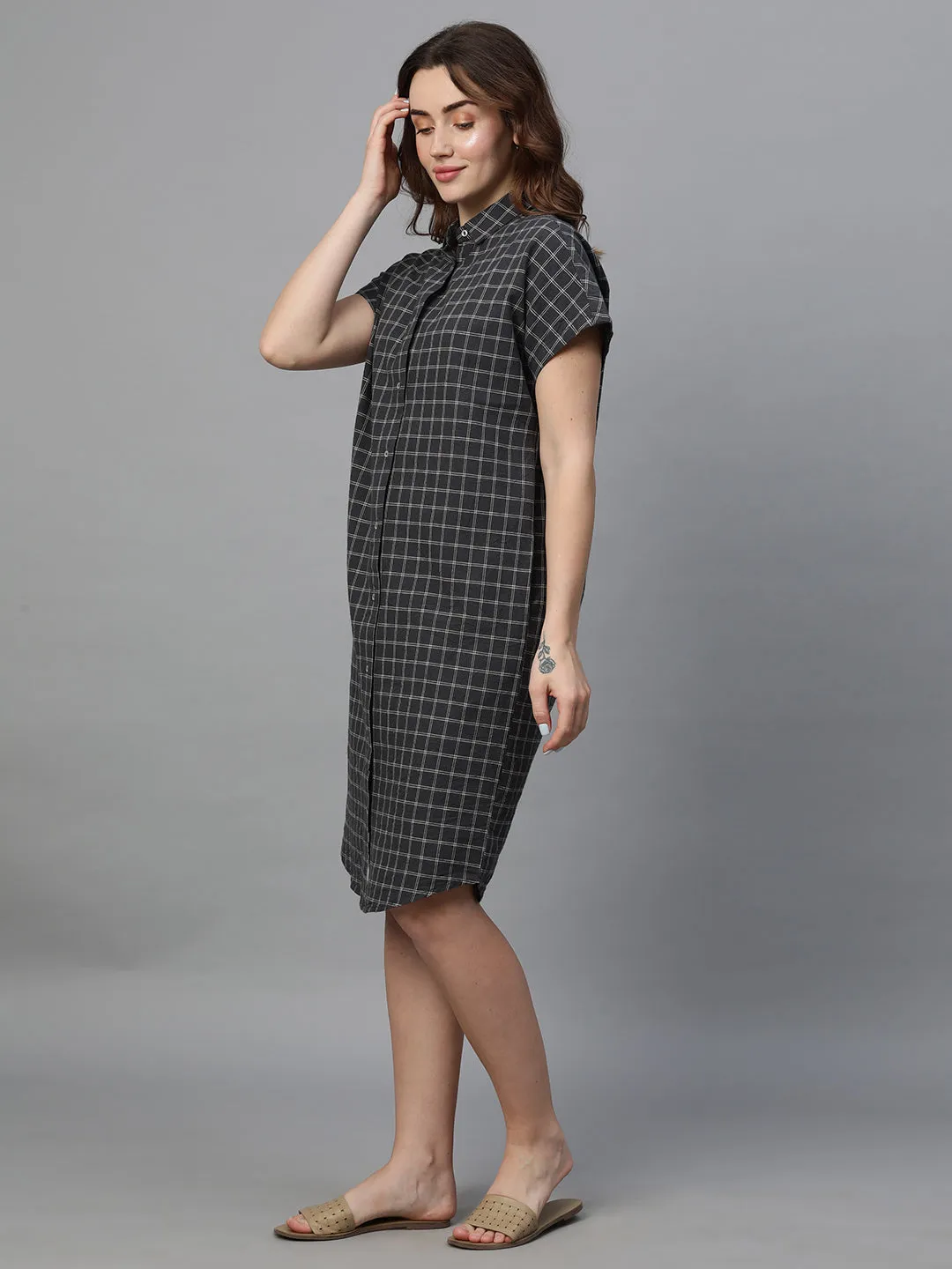 Women's Black Cotton Linen Boxy Fit Dress