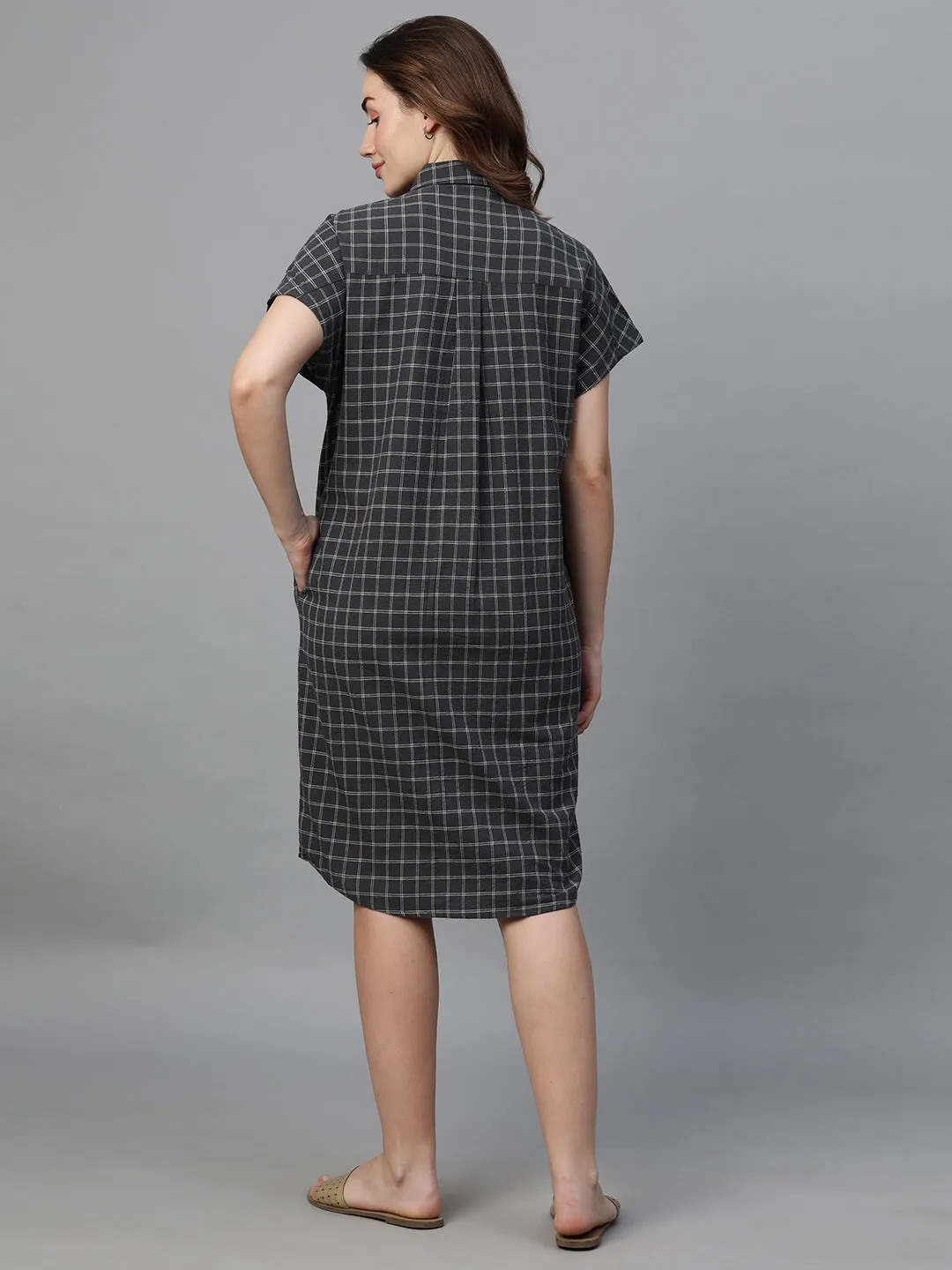 Women's Black Cotton Linen Boxy Fit Dress