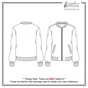 Women's Bomber Jacket Sketch / Fashion Technical Drawing / Fashion Flat Sketch / CAD Design / Vector Template for Adobe Illustrator
