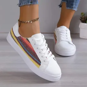 Women's Flat Bottom Color-Blocked Casual Lace-up Sneakers 27106965C
