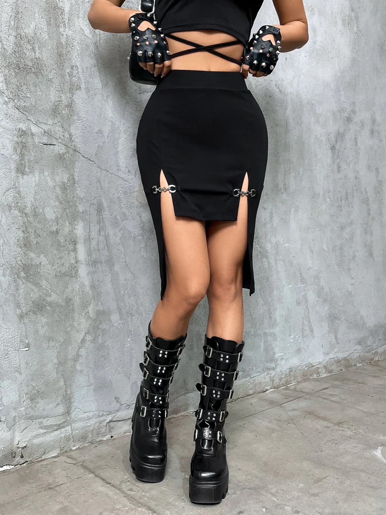 Women's Gothic Style Split Metal Buckle Front Short Back Long Skirt