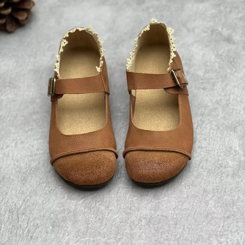 Womens Lace Patchwork Leather Soft Mori Style Buckle Flats Mary Jane Shoes