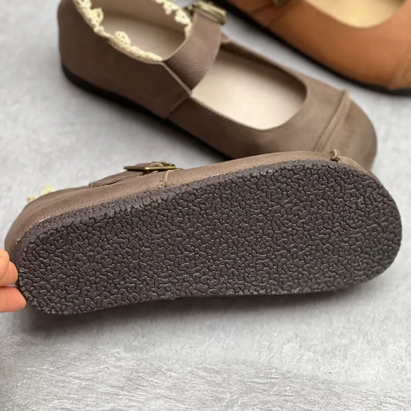 Womens Lace Patchwork Leather Soft Mori Style Buckle Flats Mary Jane Shoes