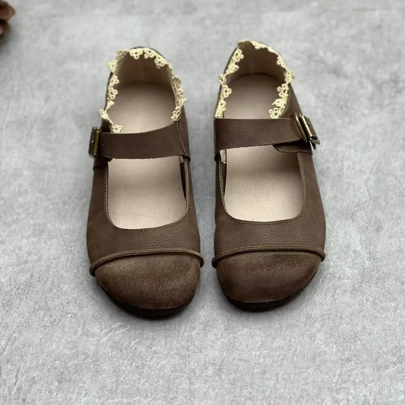 Womens Lace Patchwork Leather Soft Mori Style Buckle Flats Mary Jane Shoes