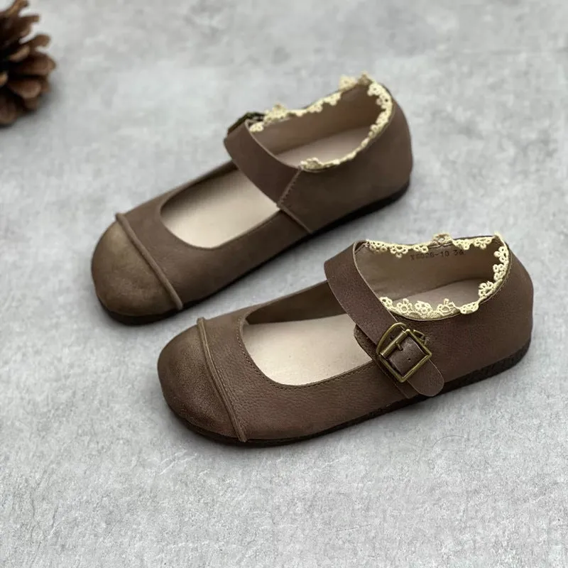 Womens Lace Patchwork Leather Soft Mori Style Buckle Flats Mary Jane Shoes