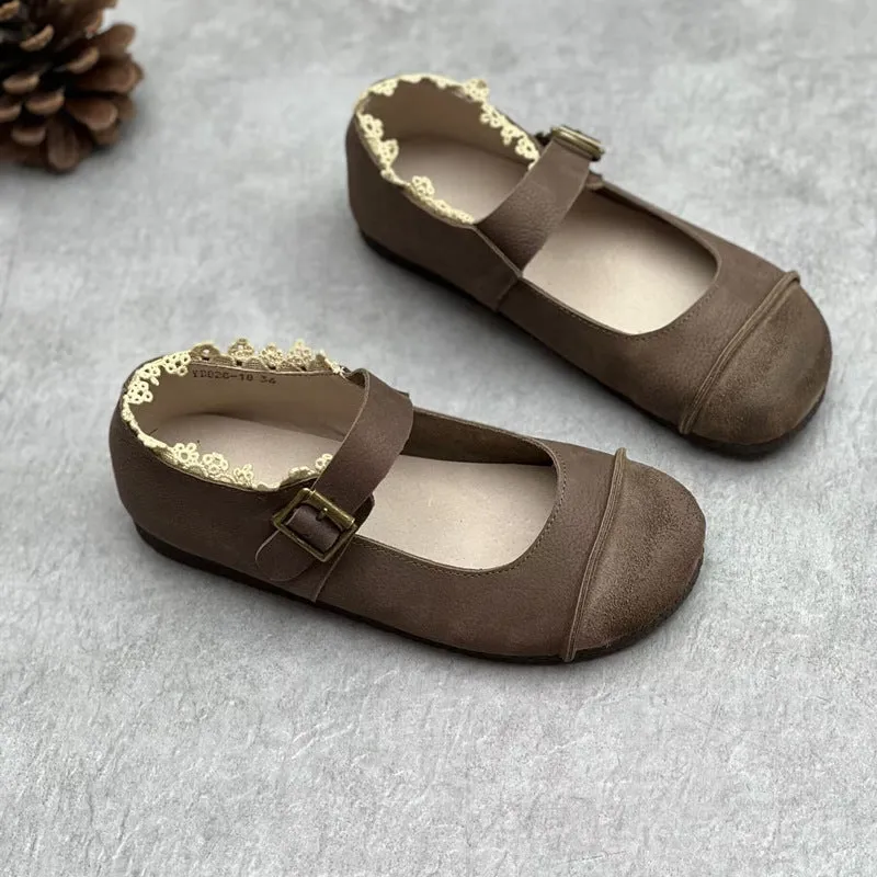 Womens Lace Patchwork Leather Soft Mori Style Buckle Flats Mary Jane Shoes