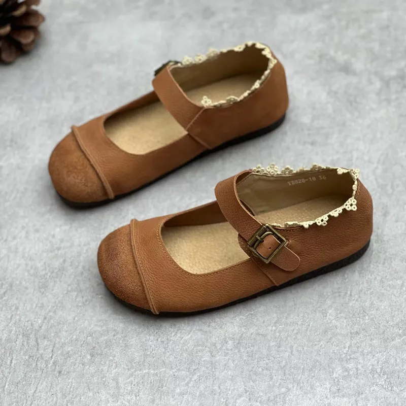 Womens Lace Patchwork Leather Soft Mori Style Buckle Flats Mary Jane Shoes