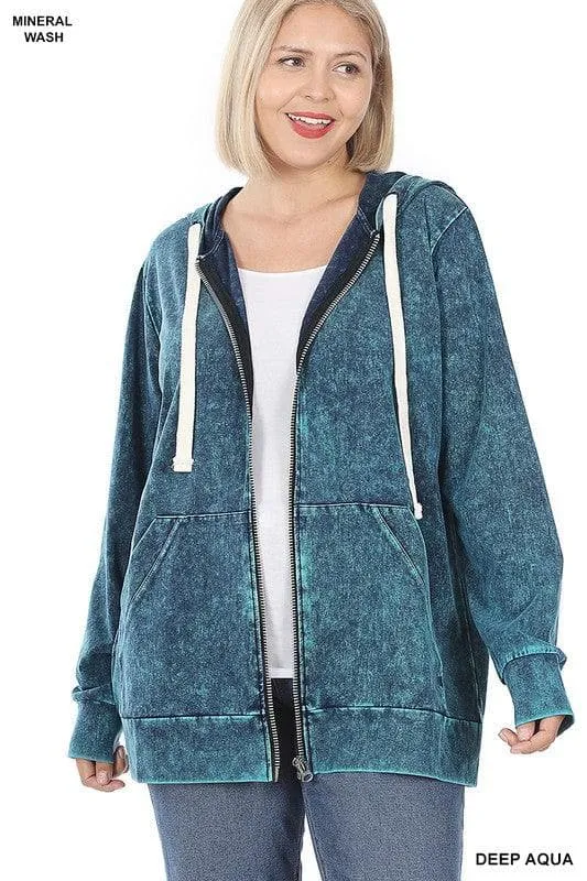 ZENANA Plus Mineral Wash Zippers Hoodie Jacket