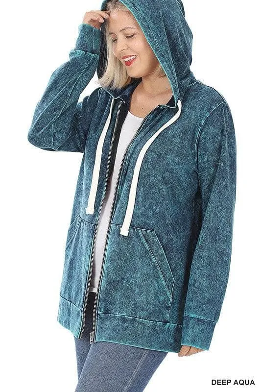 ZENANA Plus Mineral Wash Zippers Hoodie Jacket